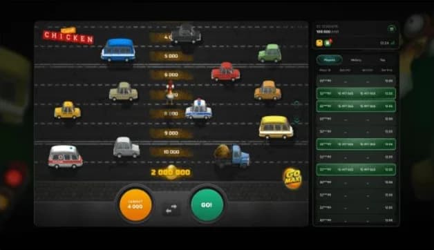 Chicken Crash official gameplay screen with cars, GO button and player history
