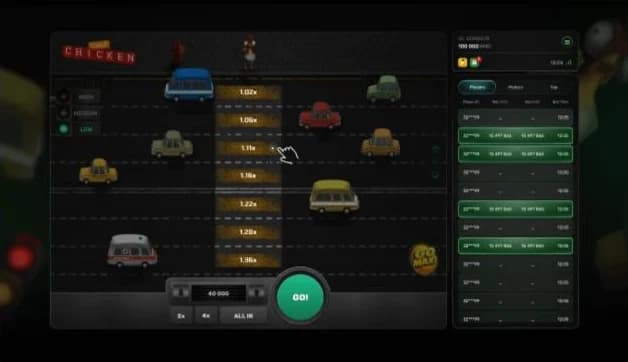 Chicken Crash official screen showing the Easy risk ladder and multiplier steps